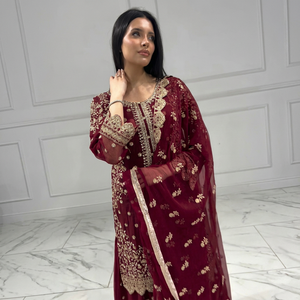 Laser Cutwork Scallop Daman Gold Floral Threadwork Wine Georgette <b>Tunic</b> with Pleated Bottoms Scalloped Border Dupatta Set - Product Image 1