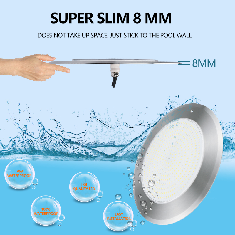 Factory Price 316SS LED Pool Light Multi Color IP68 Waterproof 12V DC 10mm Ultra Slim Wall Mounted Concrete Pool