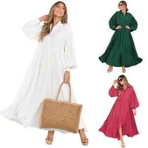 Abito <span class=keywords><strong>lungo</strong></span> da donna casual estivo in lino 100% tinta unita con scollo <span class=keywords><strong>a</strong></span> V, <span class=keywords><strong>maniche</strong></span> lunghe, stile bohémien e cintura naturale - Product Image 1