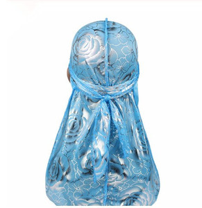 Venta al por mayor Hip Hop Silky Durag Cap Rose Flower Printed Gold Stamping Silk Long Tail Bandanas Turbante Outdoor Transpirable - Product Image 3