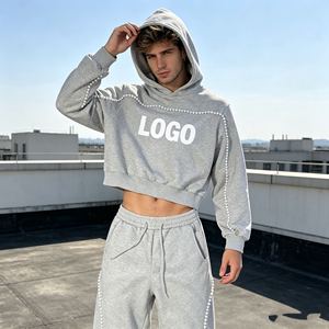 ชุดฮู้ดดี้ครอปผู้ชาย ปักลาย 3 มิติ ล้างสีแบบแอซิด ประดับเพชรฮอต 560GSM ชุดฮู้ดดี้และกางเกงวอร์มสำหรับผู้ชาย เสื้อผ้าผู้ชายราคาประหยัด - Product Image 1