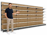 6-laags houten gondola-displayrek met verstelbaar metalen frame, wandmontage, geschikt voor supermarkt en supermarkt.