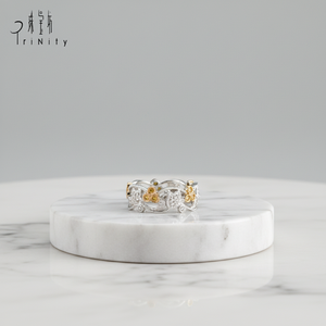 เครื่องประดับทองคำแท้18K แหวนดอกไม้แฟนซีเพชรแท้โบราณดีไซน์ในสีขาวสีเหลืองเครื่องประดับสองโทนสี - Product Image 5