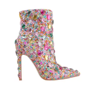 2024 नवीनतम फैशन मल्टी कलर डायमंड-एनक्रस्टेड गहने महिलाओं के जूते हिस्टोरों के इंद्रधनुष रंग टखने के जूते