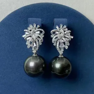 SGARIT-pendientes de oro fino de 18k, joyería con diamantes de oro blanco de 14-15mm, Perla Negra natural de Polinesia Tahiti, gran oferta