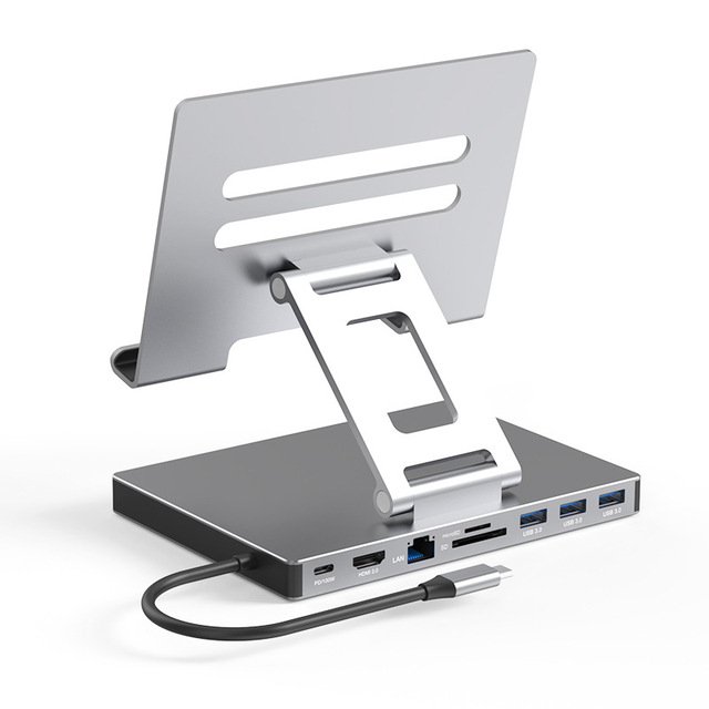 2024 Modern Universal Docking Station Tablet Laptop Foldable Adjustable 8-in-1 USB Hub 360 Rotatable Aluminum Alloy Stand USB-C