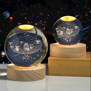 Sfera di Cristallo Incisa 3D con <span class=keywords><strong>Base</strong></span> in Legno, Cielo Stellato Galattico Luminoso, Sistema Solare, Ornamento da Tavolo, Luce Notturna - Product Image 2