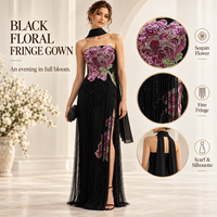 Robe de soirée noire à sequins floraux LF2679 pour femme, avec franges et fente haute, robe de cérémonie de luxe