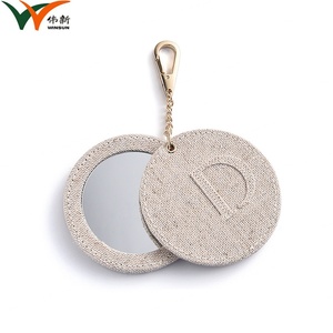 Light Grey Canvas Cotton Fabric Cover Embossed Private Logo Portable Cosmetic Keychain <b>Mirror</b> - Product Image 4