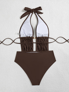 Women Halter One Piece <b>Swimsuit</b> Deep V <b>Neck</b> Cutout Drawstring Beaded <b>High</b> Waist Monokini Summer Beach Bathing Suit Wholesale - Product Image 6