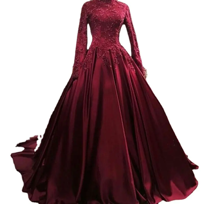 New Muslim Wedding Dress Elegant Embroidered Red Plus Size prom dress burgundy wedding dress