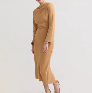 Elegant Camel Cowl Neck Bodycon Midi Dress for Women, Long Sleeve Slim Fit Formal Office Wear - Product Image 3