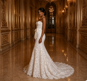 Robe de mariée sirène sexy S2253Y avec appliques en dentelle et dos illusion, coupe trompette, pour femmes rondes, nouvelle collection 2026 - Product Image 4