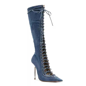 Lace up Front Cut Out Women Denim Knee High <b>Boots</b> Big Size 47 Summer Stiletto Dress Shoes Slim Heels Side Zipper Long <b>Boots</b> - Product Image 2