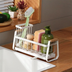 Égouttoir de cuisine double moderne sur pied en acier inoxydable étanche pour comptoir, rangement pour détergent, éponge et brosse - Product Image 2