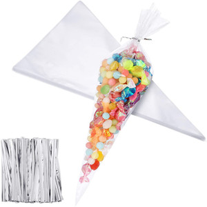 Wholesale Plastic Transparent Cone Treat Bags Clear Cello Sweet Bags with Twist Ties