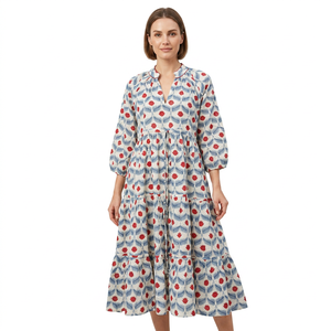 Robe mi-longue vintage pour femme, à imprimé floral, à manches bouffantes, 100% coton, écologique et respirante, confortable, décontractée pour la plage - Product Image 1