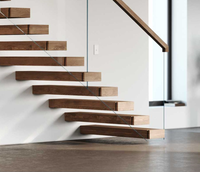 Moderne Innen-Holzschwebetreppe mit Rahmenlosem Glasgeländer Offenes Treppen-Set für Villen