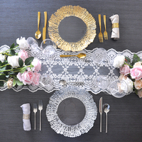 Assiettes de présentation en verre transparent Gold Coral de 13 pouces avec bord floral pour la décoration de centre de table de mariage, banquet ou fête