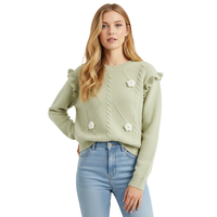 Moq rendah kustom Sweater rajut wanita Crew Neck Drop Shoulder wanita Knit Jumper Ruffle buatan tangan bunga rajut wanita Pullover