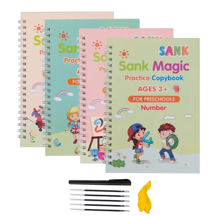 Ensemble de 4 pièces cahier de pratique magique avec impression en langue anglaise cahier d'activités de calligraphie pour enfants