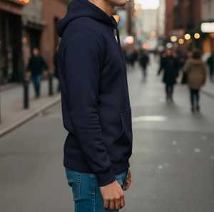 Sudadera con Capucha Azul Marino Sólido para Hombre, Corte Regular Informal, Bolsillo Frontal, 100% Algodón Ecológico Transpirable ODM - Product Image 3