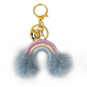 Weben Makramee Regenbogen Plüsch Schlüssel anhänger Mit Glocke Boho Regenbogen Pelz Pom Poms Schlüssel halter Boho Makramee Regenbogen Schlüssel bund Für Frauen