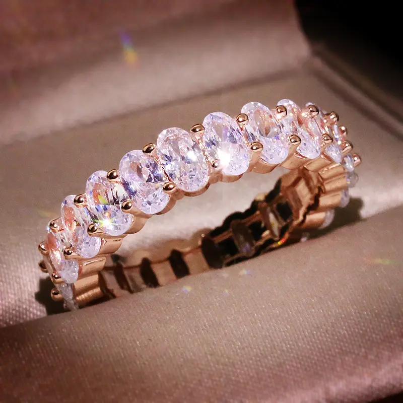 Fashion Amazon 18K Rose Gold Hip Hop Bling Bling Diamond Men's Ring Narrow Square Zircon Ring Baguette Women Rings