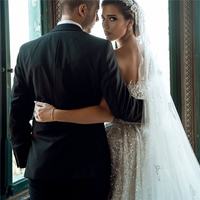 Robe de mariée de luxe col en V, coupe sirène, avec strass brillants et dentelle perlée, grande taille, traîne détachable