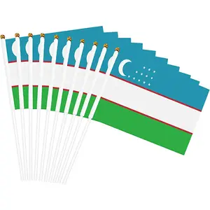 Usbekistan Flagge 14x21CM Digitaldruck Polyester Flying Country Stick Usbekische Hand Waving Flags Mit Kunststoff Fahnenmast