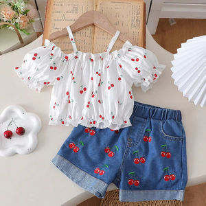 4-7 टी बच्चों के कपड़ों का चेरी फल स्ट्रैपलेस ऑफ-कंधे की शीर्ष लोचदार शॉर्ट्स लड़कियों के कपड़े पहनते हैं - Product Image 3