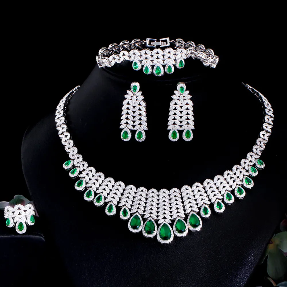 Luxury Water Drop Big Statement Jewelry set for Women Wedding Green Cubic Zircon CZ African Dubai Saudi Arabia Bridal Jewelry