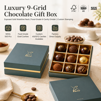 Boîte cadeau chocolat personnalisée avec couvercle et base, bordure dorée apparente, 9 compartiments, en carton gris, avec gaufrage UV sur le col et les épaules