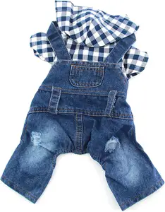 Mode Denim Jumpsuit Pakaian Anjing dengan Kotak-kotak Hoodie untuk Anak Anjing Jeans Jaket untuk Anjing Musim Semi Musim Panas Pakaian Dalam dan Luar Ruangan