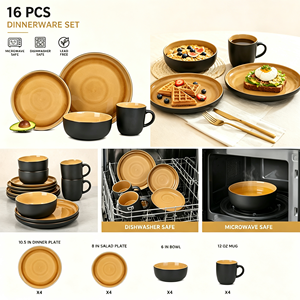 Service de table vintage européen en grès, 12 pièces, jaune <span class=keywords><strong>moutarde</strong></span>, avec glaçure réactive et motifs en relief, assiettes et bols en céramique, compatible lave-vaisselle - Product Image 2