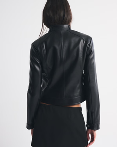 LEDUO Slim Vintage Casual Windproof Breathable Vegan Leather Mock neck <b>Jacket</b> with Zipper Closure for <b>Women</b> <b>Spring</b> - Product Image 2