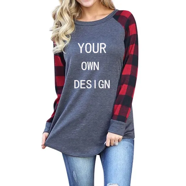 factory wholesale custom logo sleeve shirts women Splicing Plaid Baseball Full Shirt Top Xmas female casual t-shirt diy tops OEM