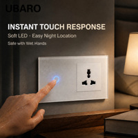 Interrupteur tactile à 2 boutons UBARO avec panneau en verre trempé et prise universelle à 3 broches, interrupteurs et prises électriques murales pour la maison