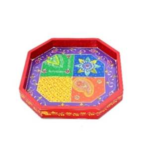 Plateau de service octogonal en bois peint à la main Artisanat élégant en bambou et bois - Product Image 1