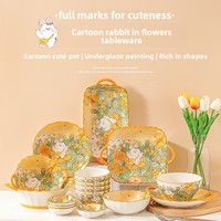 Bol à soupe en céramique à double poignée, motif lapin fleuri de dessin animé, assiette de table, plat à salade, plateau de cuisson, vente en gros