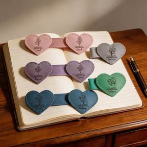 <b>Personalised</b> Heart Magnetic <b>Bookmark</b> Women Custom Engraved Name Birth Flower Leather Reusable Cute Style Secure Page Holder - Product Image 2