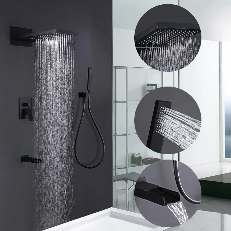 Verborgen Regenval/Waterval Douchekop Luxe Badkamer Douche Sets Mixer Zwart Drie Functie Kraan Douche Systeem