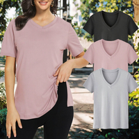 T-shirt d'été pour femme, col en V, manches courtes, imprimé 3D, motif uni, respirant, 100 % polyester, 100 % coton tricoté