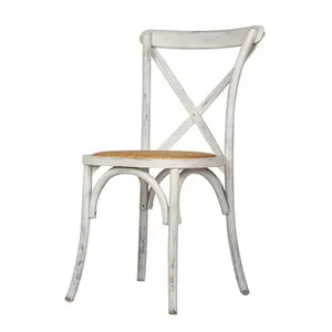 Rental Farm Nordic White Birch Rattan Wased Bistro Crossback White Cross X Back Dining Chairs For Wedding and Banquet Stacking