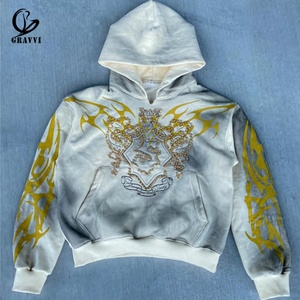 เสื้อฮู้ดดี้โอเวอร์ไซส์ลายเปลวไฟประดับเพชรเทียม แบบหนา สำหรับทีมหรือมหาวิทยาลัย รับผลิตแบบ OEM ODM และ Private Label - Product Image 3