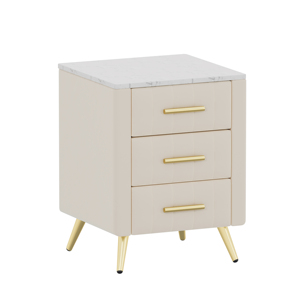 Upholstered Nightstand With 3 Drawers Metal Legs And Handles <b>Marbling</b> Top Beige <b>Bedside</b> <b>Table</b> - Product Image 6
