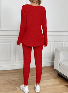 Комплект для дома Dear-Lover: женский трикотажный костюм из двух предметов – леггинсы и топ с V-образным вырезом, однотонный, в рубчик, с длинным рукавом - Product Image 5