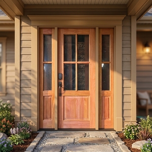 Porte d'entrée en bois massif American Craftsman avec 4 panneaux vitrés, 2 panneaux latéraux vitrés et serrure intelligente - Product Image 2