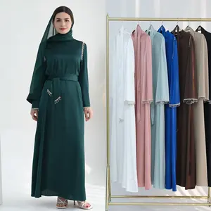 J-15 design de robe islamique, élégante, modeste et personnalisée pour femme musulmane Abaya en satin de soie avec pompon en cristal