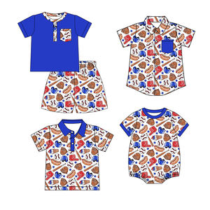 Preventa al por mayor: Ropa infantil de alta calidad para niños pequeños, con estampado festivo de béisbol y comida, azul, para verano, para hermanos. Pedido mínimo 5 unidades. - Product Image 1